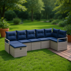 Conjunto de Jardín de Poliratán de 7 Piezas, Sofá Gris Marino para Exteriores con Cojines Manuales, Diseño Contemporáneo - Product Image 2