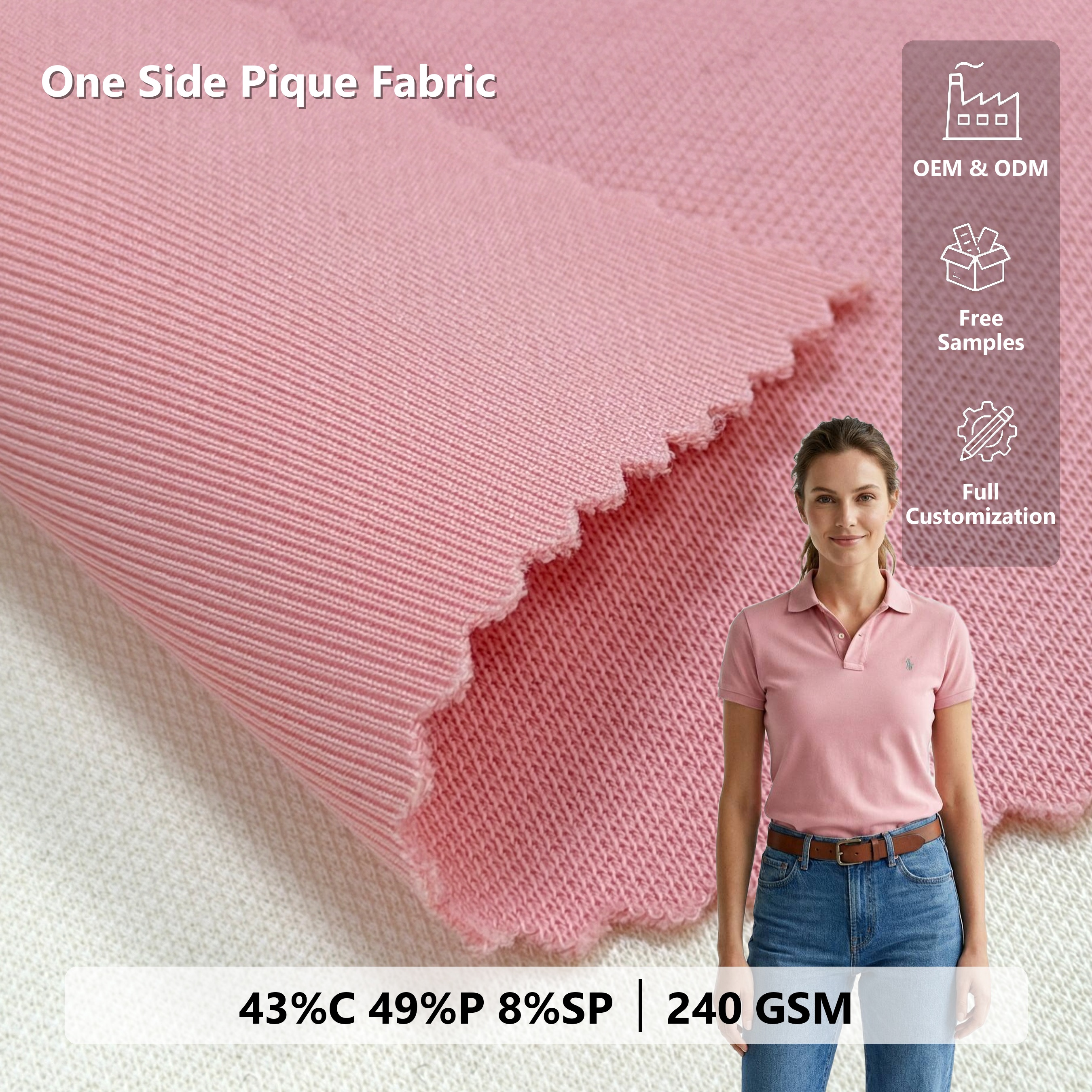 Premium Mercerized Cotton Poly Blend One Side Pique Fabric 240GSM Knit TC Spandex Piquet For High-end Polo Shirts