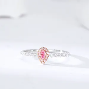 Cincin tetesan air mata putri duyung emas putih 18k cantik lucu berlian merah muda 0,08ct + berlian putih 0,23ct