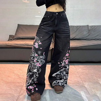 Pantalon en jean européen à jambe large imprimé Tigre Blanc Fleur de Cerisier - Pantalon droit fluide taille haute longueur ras du sol
