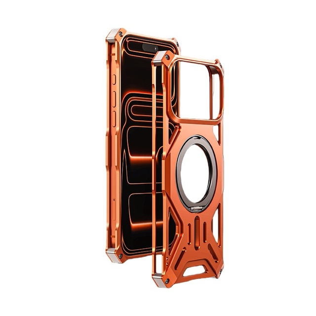 Aluminum Metal Hollow Magnetic Phone Case for iPhone 17 15 16 Pro Max Shockproof Armor Bumper With 360 Rotating Hidden Kickstand