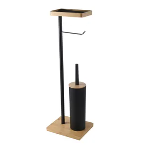 Bamboo Standing Paper Holders Toilet Roll Stand With Weighted Base