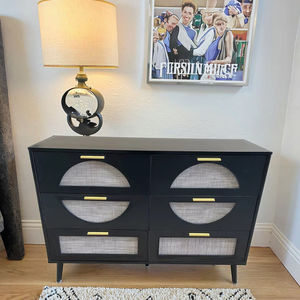 خزانة أدراج خشبية مع ديكور من الخيزران، أثاث بتصميم إبداعي، خزائن جانبية وخزائن بوفيه لغرفة المعيشة - Product Image 1