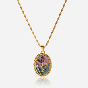 Collier pendentif papillon de style européen en acier inoxydable, design floral ovale, bijoux pour femmes, cadeau - Product Image 1