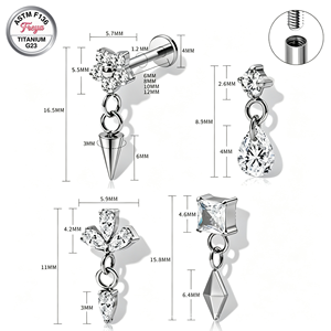 Freya ASTM-F136 Titanio Nuevos Labrets Mixtos con Dijes Colgantes de Circonita Cúbica y Parte Trasera Plana para Piercing de Tragus, Hélix y Cartílago, Joyería Corporal - Product Image 5