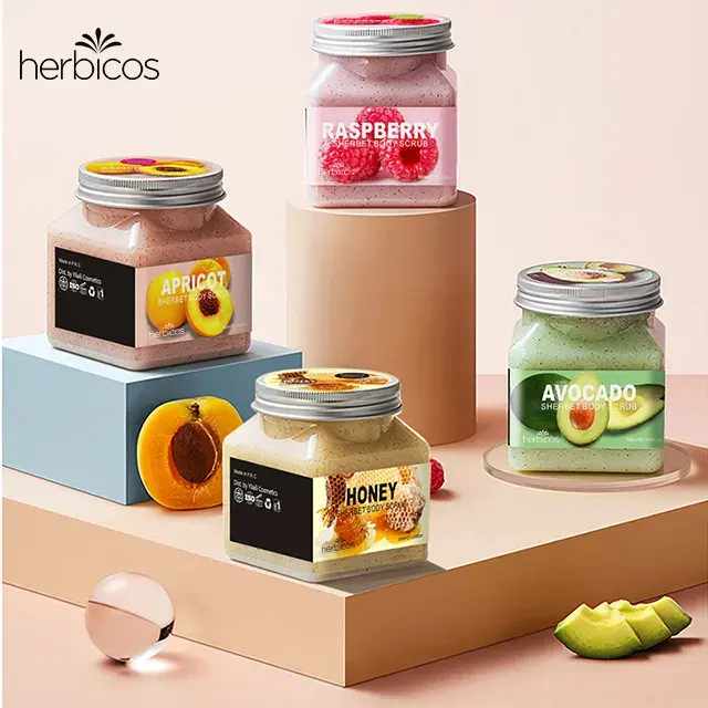 Herbicos gosok tubuh pemutih OEM/ODM 500ML Label pribadi Raspberry aprikot madu organik Scrub wajah
