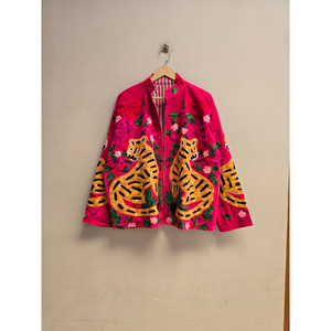 Hot Pink <b>Velvet</b> Tiger Embroidered <b>Women</b>’s <b>Jacket</b> with Colorful Floral Embroidery, Long Sleeve Designer Boho Outerwear - Product Image 1