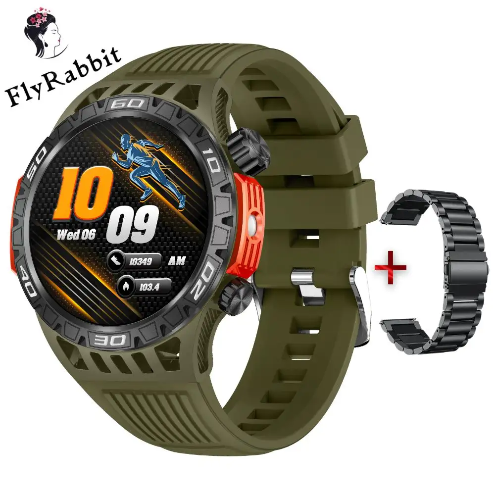 Flyrabbit สมาร์ทนาฬิกา HT22 1.46 นิ้ว 360x360 พิกเซล 450mAh smartwatch ผู้ชายพร้อมไฟฉายกล้องระยะไกลเข็มทิศ SOS อัตราการเต้นหัวใจ