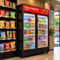 Réfrigérateur commercial vertical avec porte vitrée, refroidissement par ventilateur, étagères réglables, pour la présentation de boissons en magasin d'alimentation