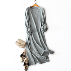 OEM/ODM Pull-over décontracté en laine de cachemire à encolure en O pour femmes, <span class=keywords><strong>robe</strong></span> en tricot mince et ample pour femmes, surdimensionné avec fente, fabricant - Product Image 2