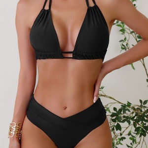 Maillot de bain uni avec logo personnalisé, noir, col en V, grande taille, ensemble de bikinis à bretelles pour femmes rondes - Product Image 5