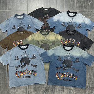 T-shirt en jean personnalisé pour homme, nouveau design imprimé, manches courtes, col rond, style streetwear, coupe classique, coton délavé - Product Image 1