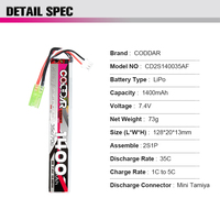 CODDAR 2S 1400MAH 7.4V 35C Mini Tamiya AirSoft AirGun Soft Bullet Gun Hunting RC LiPo Battery Pack High décharge Powerful Cell