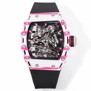 2026 New Rm Style Skeleton Mechanical Watch Men's White Pink Gradient Case Hollow Movement Black Strap Luxury Sport Wristwatch - Product Image 1