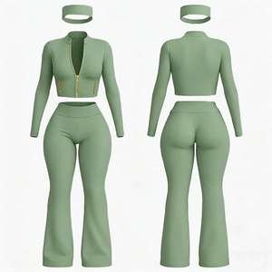 Activewear 2026 Breathable Full Zipper Cropped <strong>Yoga</strong> <strong>Jacket</strong> With Flared Pants Gym Fitness 2pcs Women Workout Tracksuits for Girl - Product Image 5