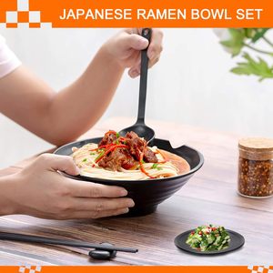 Juego de cuencos y cucharas de melamina mate grandes y negras de 37oz con palillos y platillos para Fideos de sopa Pho Thai Miso <span class=keywords><strong>Udon</strong></span> o comida asiática - Product Image 4