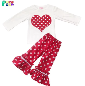 Commercio all'ingrosso di san valentino vestiti per bambini camicia con applicazioni a cuore carino abbinata a punti <span class=keywords><strong>rossi</strong></span> <span class=keywords><strong>pantaloni</strong></span> con volant per bambine set di abbigliamento - Product Image 2