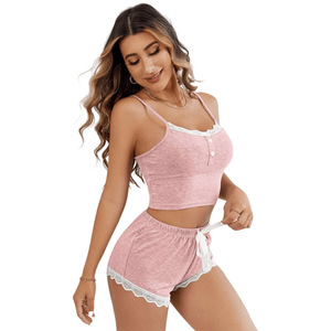 Pijamas de verano de estilo europeo y americano para mujer, pantalones cortos con tirantes para mujer, traje Sexy de encaje, pijamas, conjuntos de ropa de dormir - Product Image 5