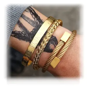 Mens Jewelry Fashion Design Personality 18k Gold Plated Roman Numeral Stainless Steel Cuff Bracelet Bangles For Man