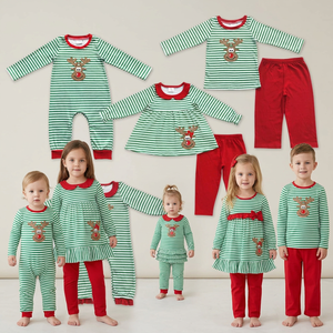 Kids <b>Girls</b> Christmas Embroidery Deer Green Stripes Top and Red Color Pants <b>Sets</b> - Product Image 1