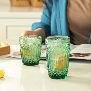 Kabartmalı renkli cam bardak özel Vintage benzersiz yeşil pembe cam Tumbler düğün ev için Fasion Drinkware Set