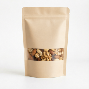 Sachet alimentaire refermable en papier kraft imprimé sur mesure avec fenêtre pour noix, bonbons et fruits secs - Product Image 1