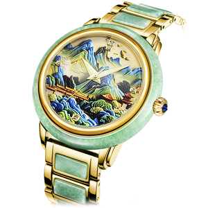 Montre automatique mécanique de luxe en acier inoxydable plaqué avec cadran peinture paysagère chinoise et jade, idéale pour couple, en promotion, pour cadeau - Product Image 4