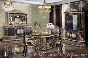 Ensemble de table à manger traditionnelle baroque française noire et dorée, chaises de salle à manger sculptées haut de gamme, 8 places, bois massif durable - Product Image 4