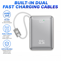 Mini Power Bank 10000mAh PD 20W avec câbles intégrés doubles, chargeur portable avec cordon, écran miroir, pack de charge d'urgence