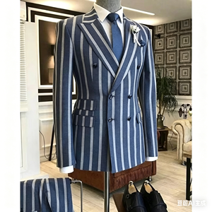 <span class=keywords><strong>Costume</strong></span> Homme Bleu à Rayures Larges pour Mariage et Cérémonie, Coupe <span class=keywords><strong>Slim</strong></span>, Ensemble 2 Pièces (Blazer et Pantalon) – Tenue de Soirée - Product Image 1