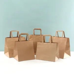 Machine Making Luxury Printed Takeaway Food Shopping Kraft Paper Bags With Ribbon Handle