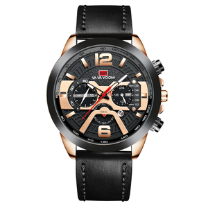 Reloj cronógrafo de lujo para hombre con detalles en oro rosa y correa de cuero negra, reloj de pulsera deportivo - Product Image 1