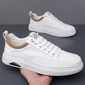 Men's <b>White</b> Sneakers Leather Low <b>Heel</b> Breathable Casual Walking Shoes - Product Image 3