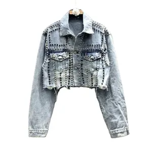 Custom denim jacket women cropped tops high street oversize jean boyfriend jacket women Hip Pop Rivet jacket & coats