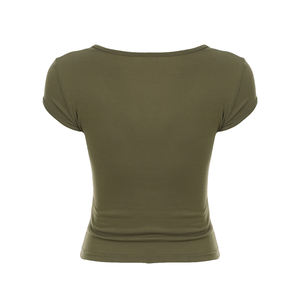 Camiseta de punto con cuello en V de inspiración retro, transpirable, con estampado floral bordado sobre color liso, manga corta comprimida, corte ajustado. - Product Image 6