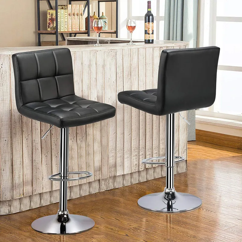 क्लासिक आधुनिक लक्जरी काले चमड़े ऊंचाई समायोज्य क्रोम आधार उच्च कुर्सी सिला डे बार काउंटर बार मल बार कुर्सी