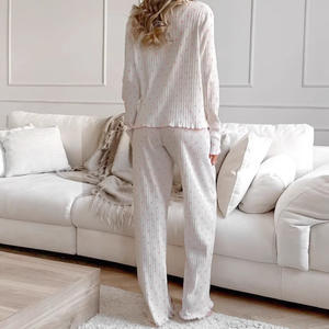 En stock, vêtements pour femmes à manches bouffantes, vêtements de détente pour femmes, pyjama mignon à imprimé cœur, vêtements de détente pour femmes, ensemble de pyjama en tricot pour femmes - Product Image 4