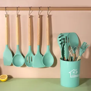 MANJIA Set peralatan memasak silikon dapur gagang kayu, spatula tahan panas antilengket dengan ember penyimpanan 12 buah