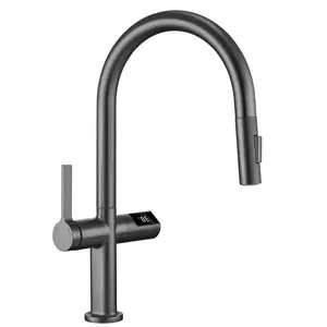 Intelligent Digital Display Puller Kitchen Faucet Infrared Sensor Switch Sink Faucet Grey Ceramic CE MULLER Modern Contemporary