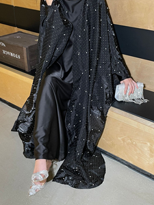 LEDUO Elegant Black Modest Open Front <b>Kaftan</b> Islamic Muslim Dress dot crystal dubai abaya - Product Image 3