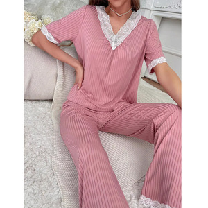 Pyjama d'été neuf à rayures avec dentelle, col en V et pantalon, ensemble deux pièces pour femme, style européen et américain, idéal pour la détente - Product Image 2