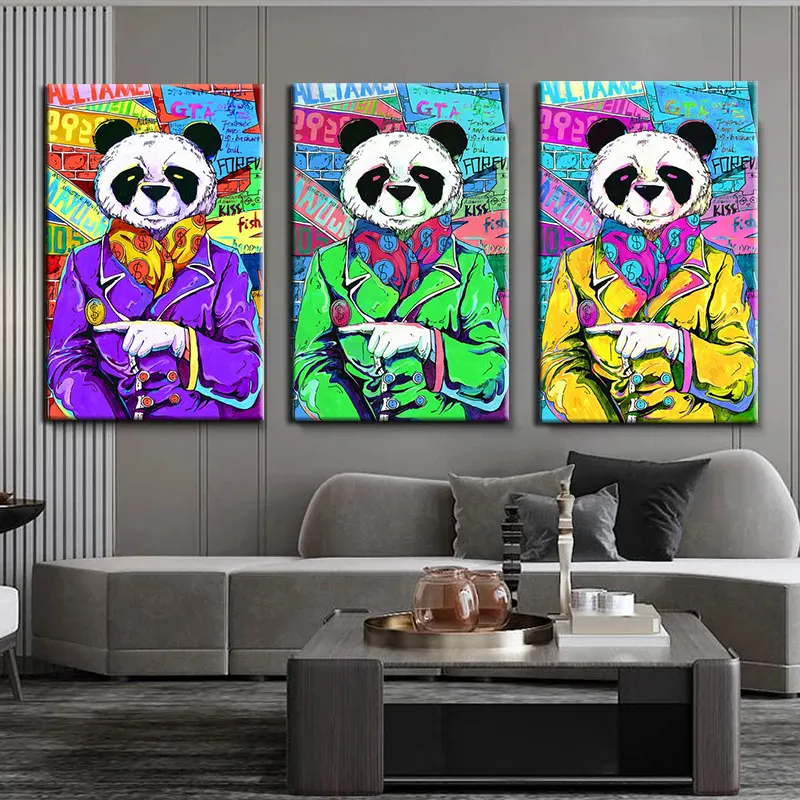 Graffiti Art Poster Yellow Blue Panda Funny Smile Face Picture Print Finger Canvas Painting Street Wall Art Decorative Picture