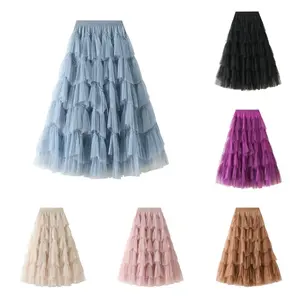 Promotion Spring Black Stitching mesh skirt women's high waist casual ball dress skirt women's fashion princess skirt