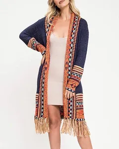 Cárdigan largo azteca vintage personalizado para mujer, suéter de punto con flecos, cárdigan occidental bohemio de Cachemira