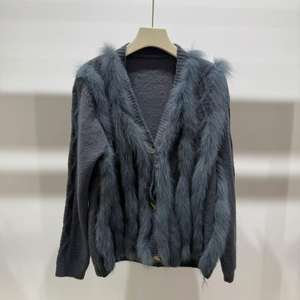 Cardigan doux <span class=keywords><strong>bleu</strong></span> <span class=keywords><strong>pull</strong></span> manteau d'hiver vêtements d'extérieur <span class=keywords><strong>pull</strong></span> tricoté décontracté avec garniture en fourrure de renard véritable - Product Image 1