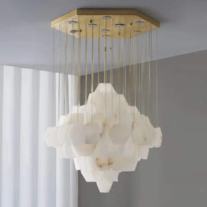 Lámpara Colgante LED Moderna Hexagonal Dorada con Pantallas de Alabastro para Sala de Estar, Tamaño Grande, Luz Blanca Cálida 3500K - Product Image 2