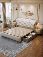 Lit double moderne minimaliste nordique en bois massif, style campagne américaine, cuir, luxe léger, pour chambre principale
