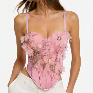 Chuangerm In Stock 2026 Hot Sales Stage Performance Camisole Handmade Flower Nail Bead Fishbone Backless Crop Top Femme