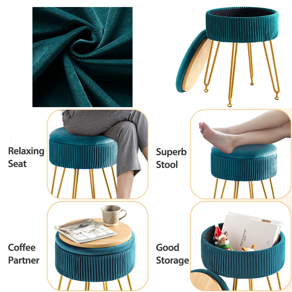 Favorable High Quality Recommended Velvet Storage Ottoman Vanity Stool with Golden Leg