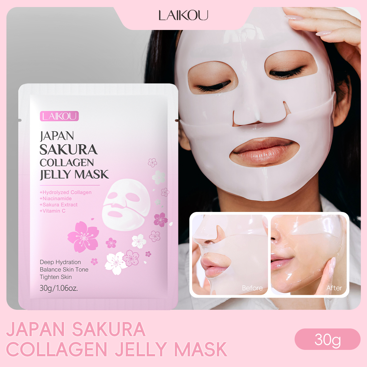 LAIKOU 日本製 桜コラーゲンジェリーマスク 30g 保湿 ツヤ肌 引き締め